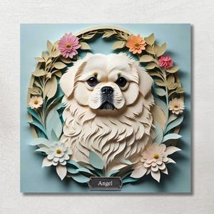 White Pekingese Wall Art, Personalized Pekingese Dog Decor, Faux Papercut Pet Portrait with Floral Wreath Gift for Dog Lover or Pet Memorial