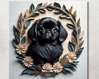 May include: A square canvas print featuring a black Pekingese dog portrait. The dog is centered within a wreath of green leaves, tan branches, and cream-colored flowers. The dog's name, "Ollie," is displayed on a small plaque.