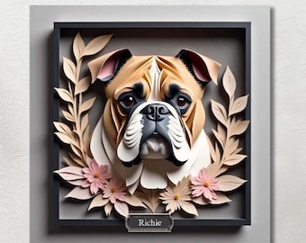 May include: A framed 3D artwork featuring a bulldog's face, with tan, white, and black fur. The artwork is surrounded by beige leaves and pink flowers, with the name "Richie" on a small plaque. The frame is gray.