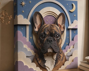 May include: A square canvas art piece featuring a detailed paper-cut illustration of a French Bulldog. The artwork has a depth of 1.25 inches and includes a night sky background with stars, clouds, and a crescent moon. The dog is brown and black.