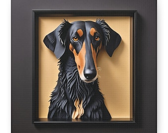 May include: A black and tan dog with a long snout and floppy ears is depicted in a framed paper art piece. The dog's fur is detailed with intricate paper cuts, creating a realistic 3D effect.