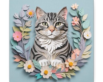 May include: A square canvas print featuring a stylized cat with gray and black stripes, surrounded by a wreath of pastel-colored paper flowers and leaves. The background is a soft blue.