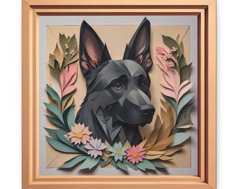 Black German Shepherd Portrait, Vintage Papercut Imitation Design, Dog Lover Wall Art, Dog Owner Gift, German Shepherd Memorial Gift