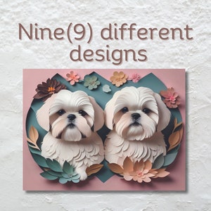Shih Tzu Duo Portrait, 16x12 Papercut Imitation Art on Canvas, Shih Tzu Lover Gift, Shih Tzu Owner Vintage Style Decor