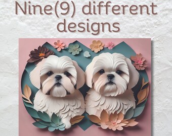 Shih Tzu Duo Portrait, Papercut Imitation Art on Canvas, Shih Tzu Lover Gift, Shih Tzu Owner Vintage Style Decor