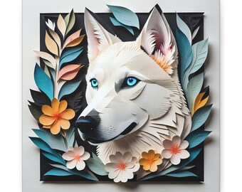 May include: A white husky dog portrait with bright blue eyes, surrounded by colorful paper flowers and leaves. The artwork is set against a black background within a white frame, creating a striking contrast. The overall theme is nature and animals.