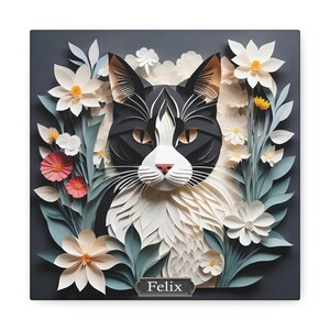 Svartvit katt bland blommande blommor - Livfull blommig och kattliknande canvastavla för heminredning i pappersklippsimitationsstil 16″ x 16″