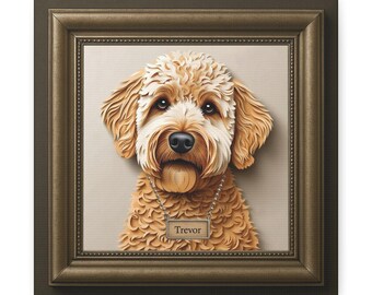 Könnte beinhalten: Ein gerahmtes Porträt eines braunen und weißen Hundes mit einem Namensschild, auf dem "Trevor" steht. Der Hund ist in einem realistischen Stil mit einem 3D-Effekt dargestellt.