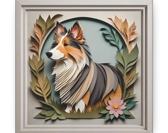 Può includere: Un'opera d'arte in cartapesta di un cane Shetland con pelo marrone, nero e bianco, circondato da foglie di carta verde e marrone e un fiore rosa.