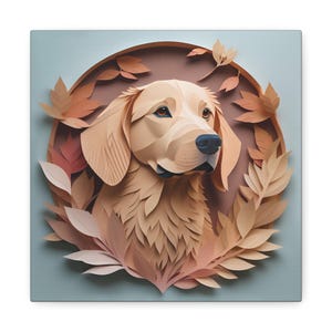Golden Retriever Portrait in Brown Leaves or Golden Retriever Memorial Canvas, Vintage Faux Papercut Design, Golden Lover Decor