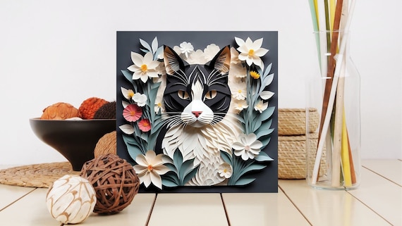 Black and White Cat Amongst Blossoming Flowers - Vibrant Floral and Feline Canvas Wall Art Print for Home Decor in Papercut Imitation Style