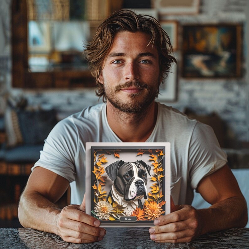 Black Boxer Dog Fall Art, Canvas Print 3D Illusion Art With Name