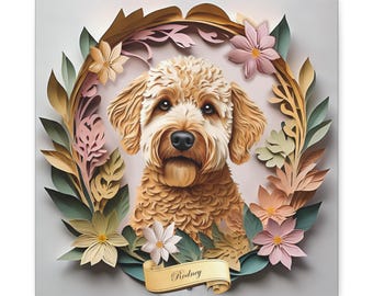 Könnte beinhalten: Quadratischer Leinwanddruck mit einem Porträt eines Golden Doodle-Hundes. Der Hund ist von einem Kranz aus Papierblumen und Blättern in Rosa, Grün und Gold umgeben. Ein Banner unten zeigt "Rodney".