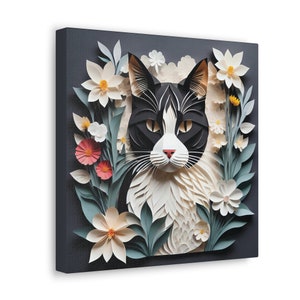 Svartvit katt bland blommande blommor - Livfull blommig och kattliknande canvastavla för heminredning i pappersklippsimitationsstil bild 4