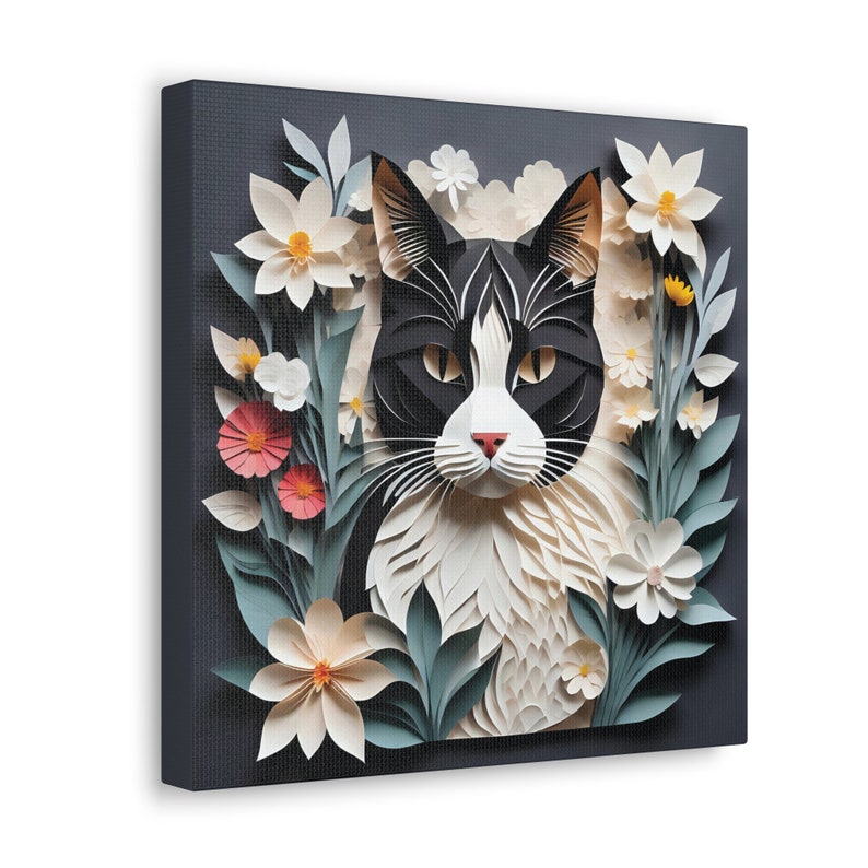 Svartvit katt bland blommande blommor - Livfull blommig och kattliknande canvastavla för heminredning i pappersklippsimitationsstil bild 4