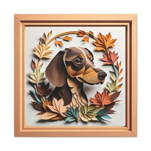 Dachshund Fall Portrait on Canvas, Papercut Imitation Design 3D illusion Frame, Doxie Lover Gift for Dachshund Mom or Dad, Seasonal Decor image 1