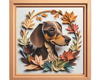 Dachshund Fall Portrait on Canvas, Papercut Imitation Design 3D illusion Frame, Doxie Lover Gift for Dachshund Mom or Dad, Seasonal Decor