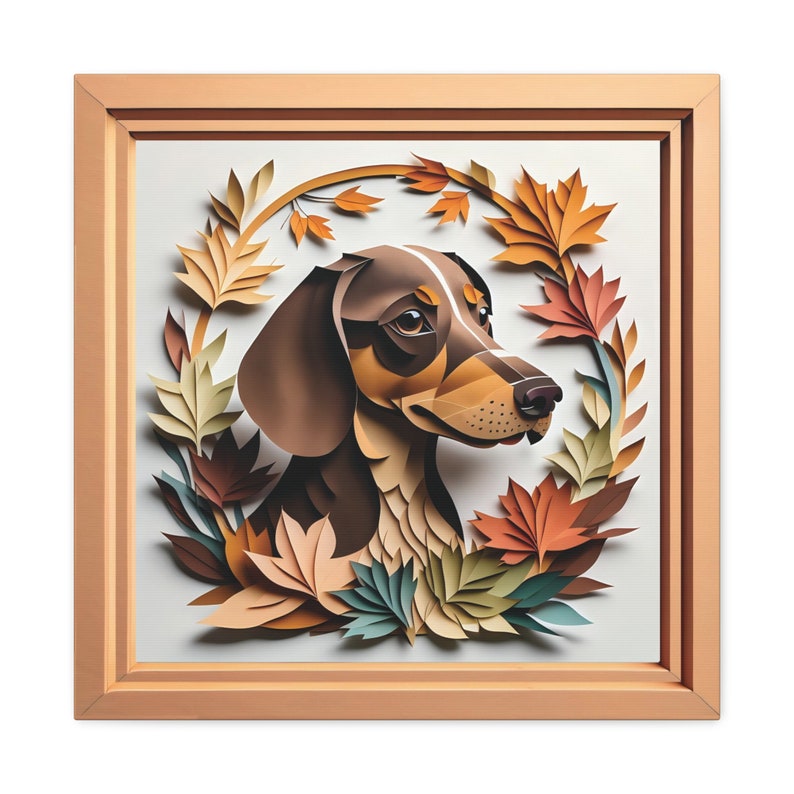 Dachshund Fall Portrait on Canvas, Papercut Imitation Design 3D illusion Frame, Doxie Lover Gift for Dachshund Mom or Dad, Seasonal Decor image 1