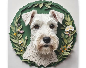 May include: A white Schnauzer dog portrait on a canvas, surrounded by a green wreath of leaves and flowers. The dog has a black nose and brown eyes. The artwork is a decorative piece.