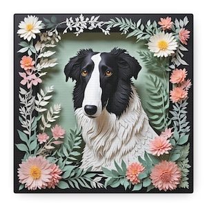 Portrait de chien barzoï noir et blanc, mémorial de chien pour barzoï, art mural illusion 3D pour décoration d'intérieur, cadeau pour les amoureux des chiens, cadeau pour les amoureux des animaux
