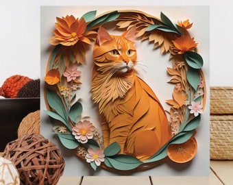 Orange getigerte Katze Papierschnitt Nachahmung Stil Leinwand, Floraler Kunstdruck für Wohnkultur, Katzenliebhaber und Orange getigerte Besitzer Geschenk, Katzengedenkgeschenk