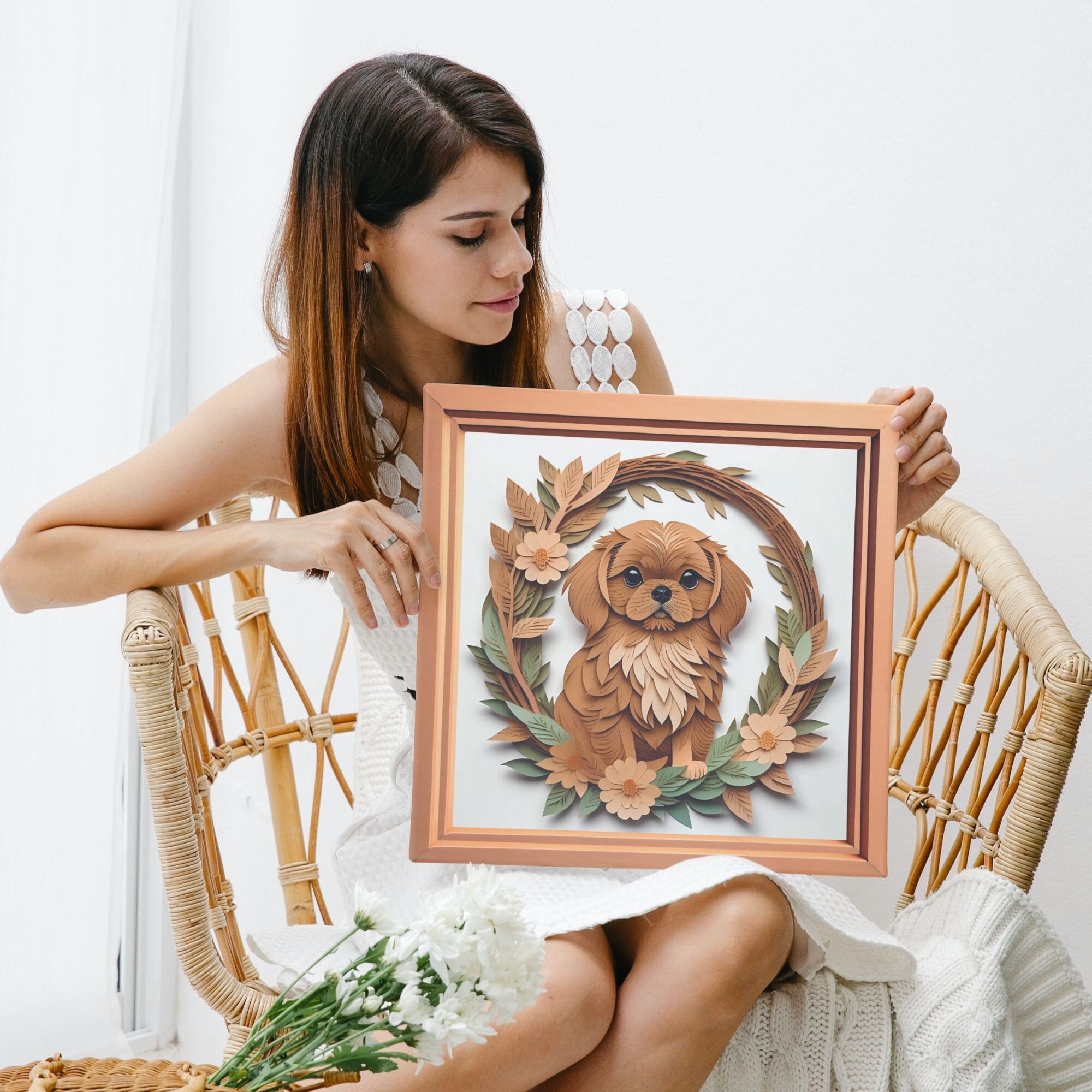 Brown Pekingese Dog in Flower Wreath Portrait, Papercut Imitation Dog Lover Wall Art, Dog Owner Gift, Pekingese Mom or Dad Gift