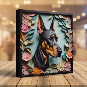 Doberman Canvas Portrait Black Faux Frame Papercut Imitation Style, Dobie Lover Wall Art with Name Personalization, Dobie Mom Gift