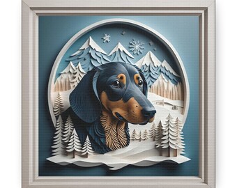Black Dachshund Winter Portrait in Gray Frame, Doxie Owner Lover Gift, Dachshund Mom or Dad Gift, Seasonal Doxie Decor