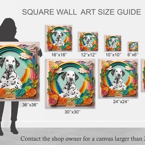 Peut inclure: Guide des tailles d'art mural carr&eacute; avec un dalmatien dans un design arc-en-ciel et floral. Les tailles vont de 15,24 cm x 15,24 cm &agrave; 91,44 cm x 91,44 cm.