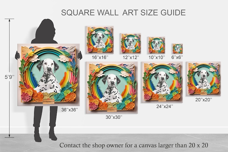 Peut inclure: Guide des tailles d'art mural carr&eacute; avec un dalmatien dans un design arc-en-ciel et floral. Les tailles vont de 15,24 cm x 15,24 cm &agrave; 91,44 cm x 91,44 cm.