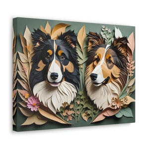 Collie Duo Portrait auf Leinwand, 16x12 Vintage Papierschnitt Imitation Stil Kunst, Collie Liebhaber Geschenk, Collie Besitzer Vintage Stil Dekor