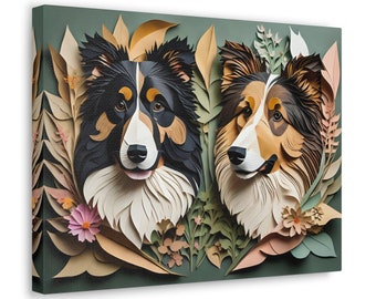 Può includere: Un'illustrazione in carta di due cani, uno bianco e nero e l'altro marrone e bianco, con la testa girata l'uno verso l'altro. I cani sono circondati da fiori e foglie di carta in tonalità di verde, marrone, rosa e bianco.