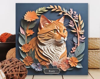 Orange Tabby katt blommig hantverksstil canvas, katt entusiast kattälskare och orange tabby ägare gåva, katt minne orange tabby förlust gåva
