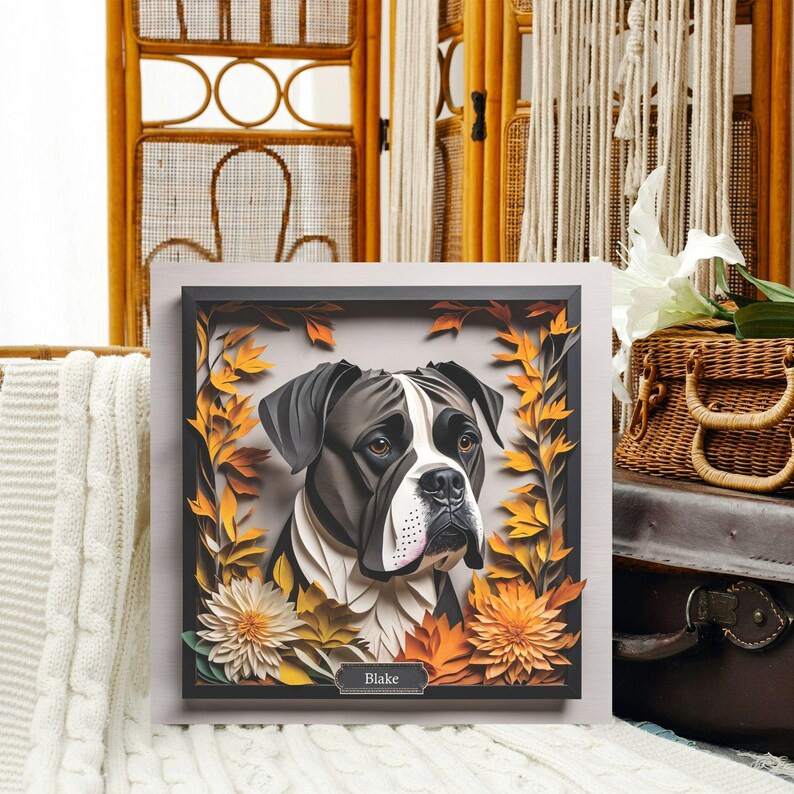 Black Boxer Dog Fall Art, Canvas Print 3D Illusion Art With Name