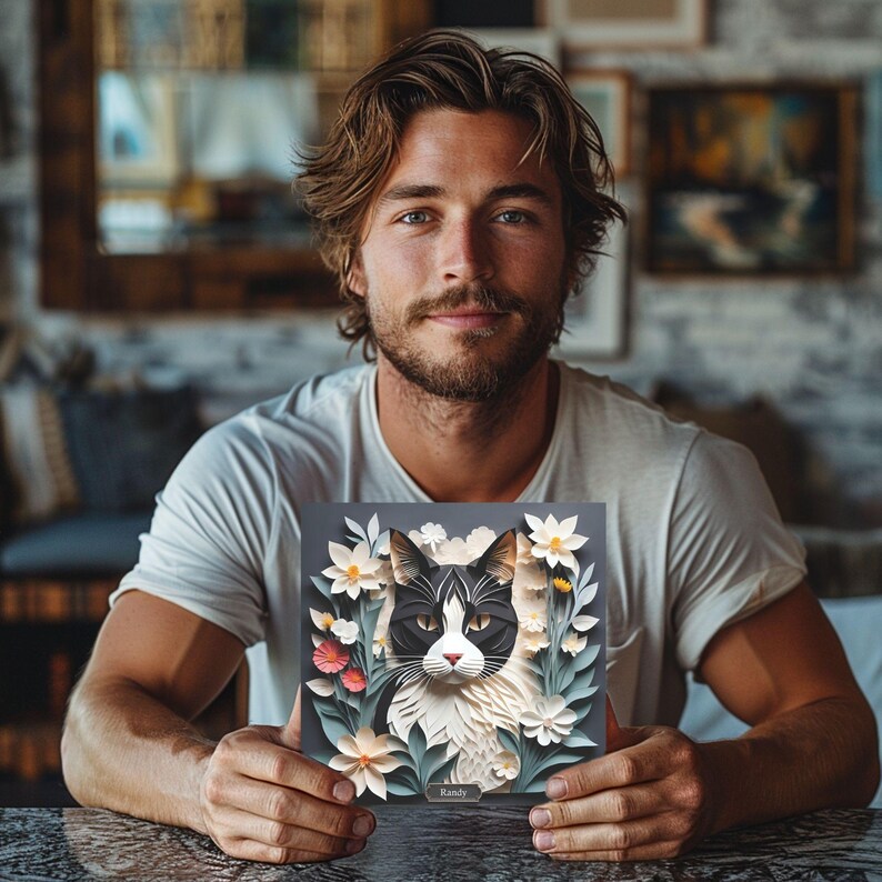 Svartvit katt bland blommande blommor - Livfull blommig och kattliknande canvastavla för heminredning i pappersklippsimitationsstil 10″ x 10″