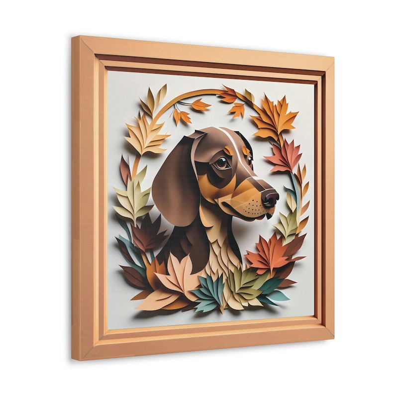 Dachshund Fall Portrait on Canvas, Papercut Imitation Design 3D illusion Frame, Doxie Lover Gift for Dachshund Mom or Dad, Seasonal Decor image 2