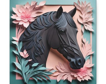 Black Horse Canvas Print, Faux Paper-Cut Horse Wall Art, Floral Equine Decor, 3D Illusion Farmhouse Gift