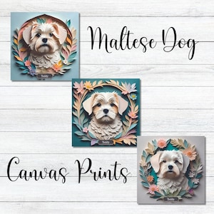 Maltese Dog Portrait on Canvas Charming Faux Papercut 3D Look Floral Decor Art for Maltese Lover Vintage Craft Style Design Dog Mom Gift