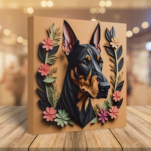 Doberman Portrait on Sandy Background with Name Personalization in Papercut Imitation Style Vintage Dobie Wall Art for Dobie Mom Gift