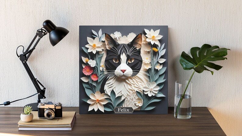 Svartvit katt bland blommande blommor - Livfull blommig och kattliknande canvastavla för heminredning i pappersklippsimitationsstil 14" x 14"