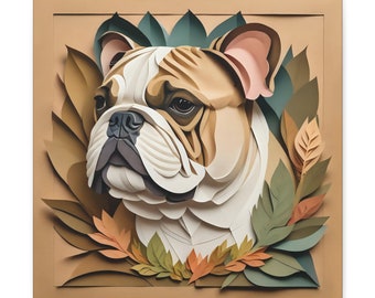 Bulldog Portrait in Natural Colors, Papercut Imitation Dog Lover Wall Art, Dog Owner Gift, Vet Clinic Animal Shelter Décor