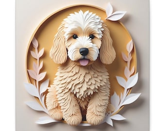 Könnte beinhalten: Leinwanddruck mit einer Papier-Schnitt-Illustration eines flauschigen, hellbraunen Hundes mit weißem Kopf und rosa Zunge. Der Hund befindet sich in einem goldenen Kreis, umgeben von weißen und rosa Papierblättern.