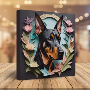 Doberman Portrait on Charcoal Background in Papercut Imitation Style, Dobie Wall Art Home Decor for Dobie Mom, Gift for Doberman Owner