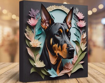Doberman Portrait on Charcoal Background in Papercut Imitation Style, Dobie Wall Art Home Decor for Dobie Mom, Gift for Doberman Owner