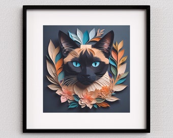 Siamese kat hoofd portret papercut stijl digitale print downloaden, kunst aan de muur Siamese kat, cadeau siamese minnaar, vintage huisdier kunst design