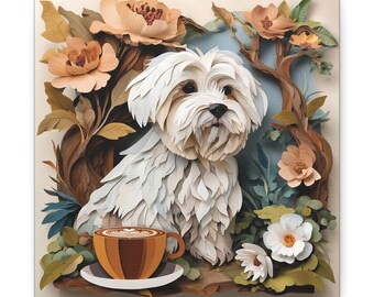May include: A square canvas print featuring a white dog with a fluffy coat, surrounded by paper-cut flowers and foliage in shades of peach, brown, and green. A brown and white coffee cup sits in front of the dog. The artwork has a whimsical, handcrafted aesthetic.