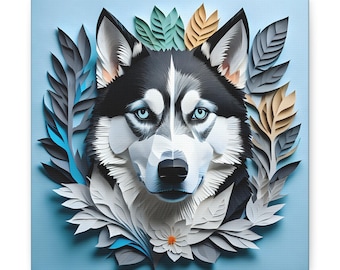 May include: A square canvas print featuring a stylized portrait of a Husky dog. The dog has black and white fur with blue eyes, surrounded by paper-cut style leaves in shades of gray, blue, and tan, set against a light blue background.
