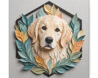 May include: A canvas print featuring a golden retriever dog portrait. The dog is surrounded by paper-cut leaves in shades of green, yellow, and orange, set within a black geometric frame. The background is a light gray.