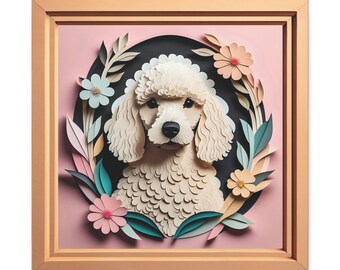 White Poodle Portrait Pastel Colors, Papercut Imitation Dog Lover Wall Art, Dog Owner Gift, Poodle Mom or Dad Gift, Vintage Imitation Art