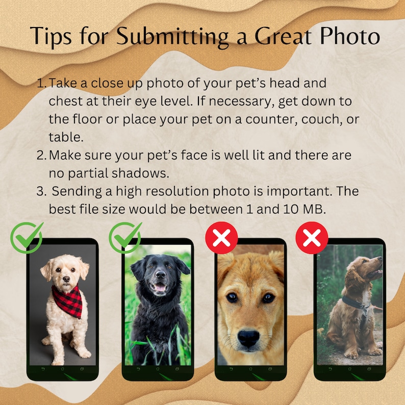 Peut inclure: Conseils pour prendre une photo de votre animal de compagnie pour un concours. Trois photos de chiens, une avec une coche, deux avec une croix. La photo avec la coche montre un chien regardant directement la cam&eacute;ra avec un bon &eacute;clairage. Les photos avec la croix montrent des chiens avec un mauvais &eacute;clairage et ne regardant pas la cam&eacute;ra. Le texte indique de prendre une photo rapproch&eacute;e de la t&ecirc;te et de la poitrine de votre animal de compagnie au niveau de ses yeux. Assurez-vous que le visage de votre animal de compagnie est bien &eacute;clair&eacute; et qu'il n'y a pas d'ombres partielles. Envoyez une photo haute r&eacute;solution entre 1 et 10 Mo.